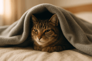 毛布にくるまる猫