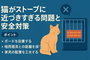 猫がストーブやヒーターに近づきすぎるのを防ぐための安全レイアウトをまとめたアイキャッチ画像