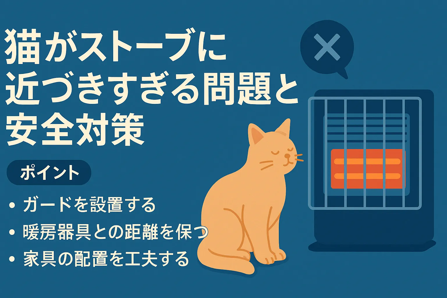 猫がストーブやヒーターに近づきすぎるのを防ぐための安全レイアウトをまとめたアイキャッチ画像