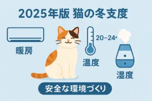 猫の冬支度として暖房・温度・湿度のポイントをまとめたイラストアイキャッチ