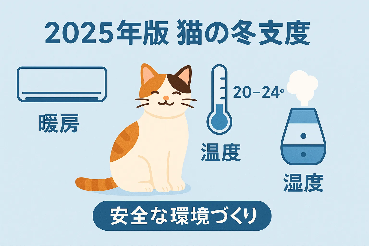 猫の冬支度として暖房・温度・湿度のポイントをまとめたイラストアイキャッチ