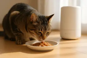 冬の部屋で温かいごはんを食べる猫