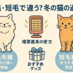 長毛種と短毛種の猫が冬に快適に過ごすためのポイントをまとめたイラストアイキャッチ