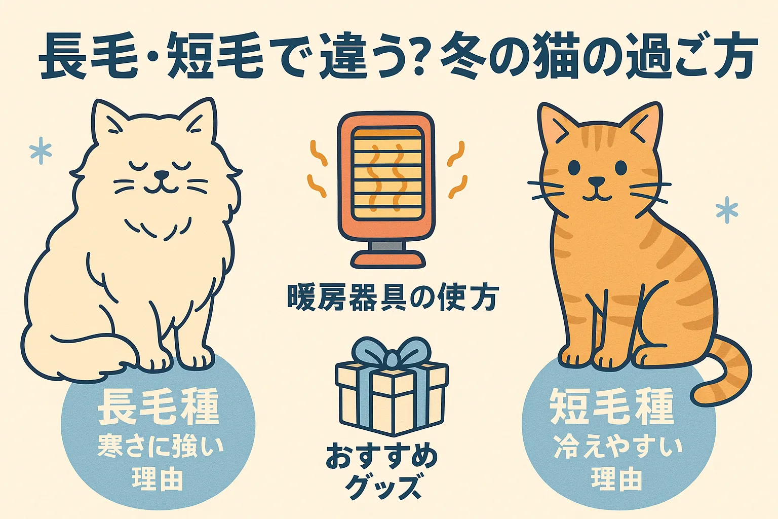 長毛種と短毛種の猫が冬に快適に過ごすためのポイントをまとめたイラストアイキャッチ